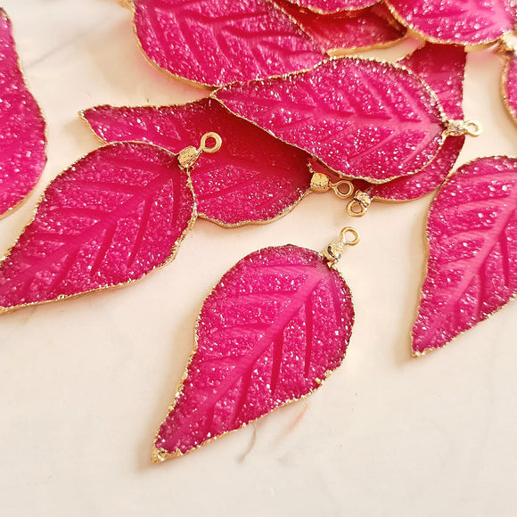 Hot Pink Druzy Leaf Pendants